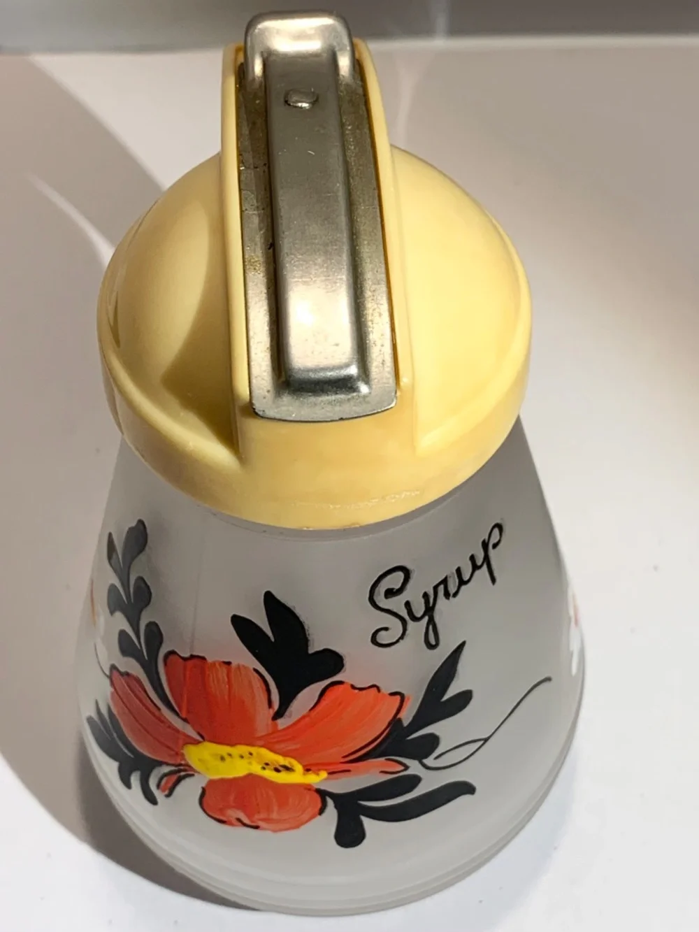 VTG HAZEL ATLAS FROSTED GLASS SYRUP Dispenser w/Handpainted Floral Design & Lid